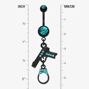 Detail View 1 of Blackline Handgun & Cuff Sparkle Belly Ring-Teal
